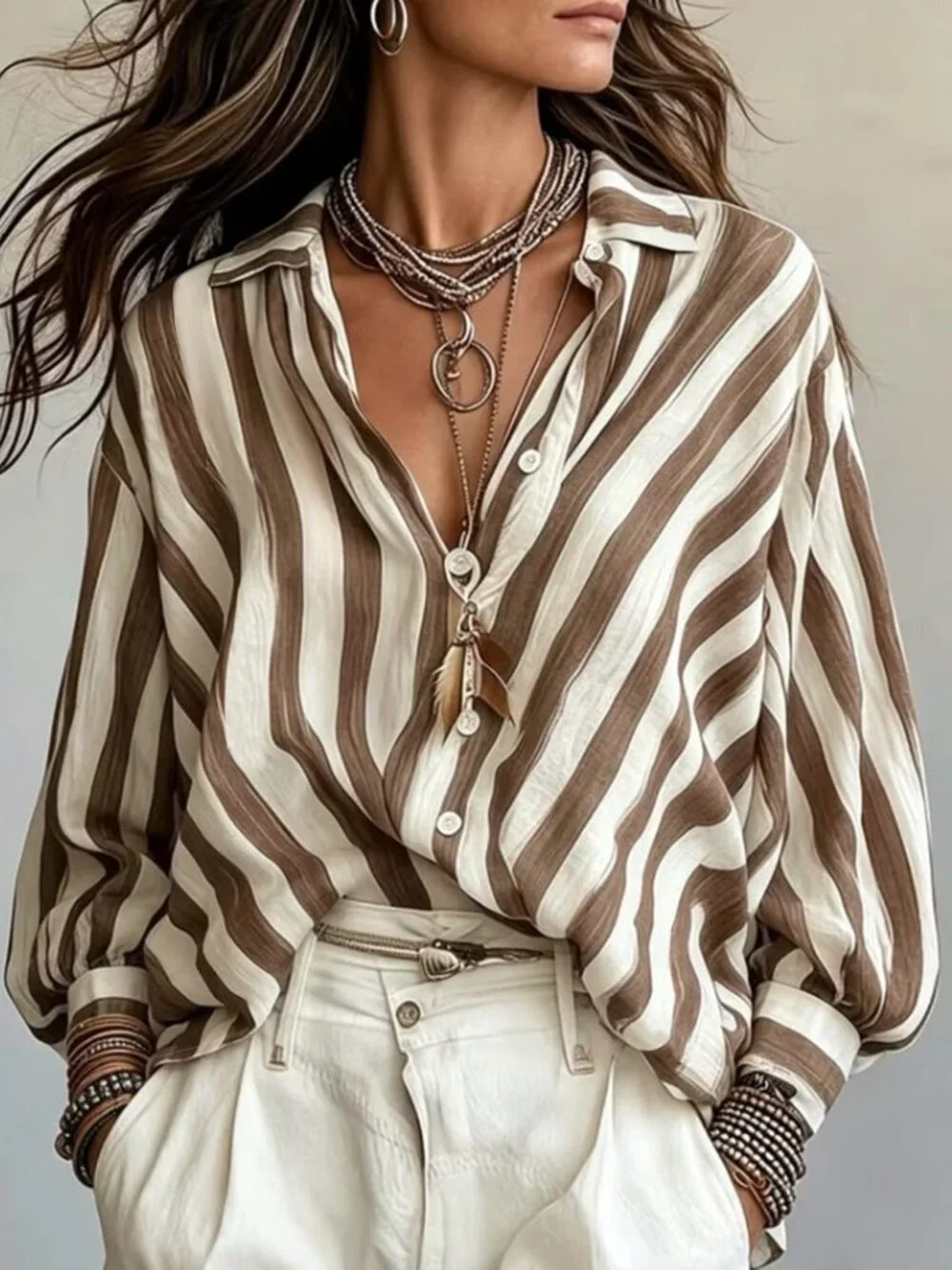 Brown Casual Women's Striped Oversized Long Shirt